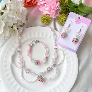 Cute Strawberry Necklace/Bracelet/Earring with Butterfly Beaded, Fairycore jewelry set, Seed bead choker, Kpop Style Chocker, Party favor