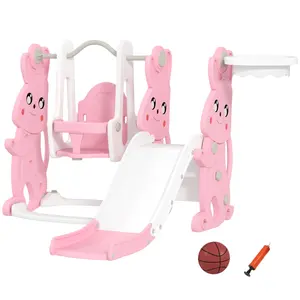 Pink 4-in-1 Rabbit-Themed Toddler Outdoor Playset - Slide, Swing, Climber, Basketball Hoop - for Ages 1.5-4 (Patio Porch Furniture)