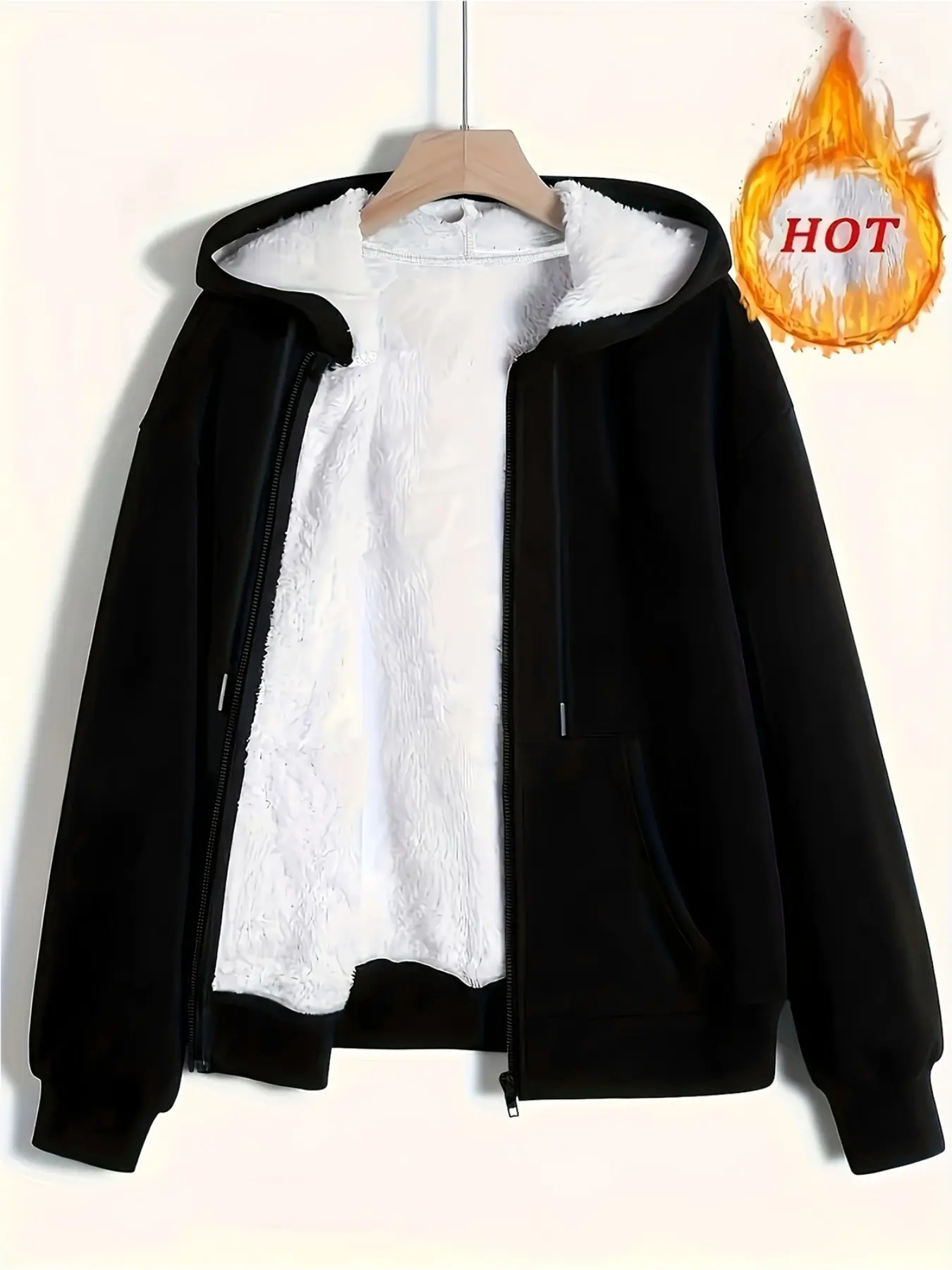 Women's Casual Solid Color Fit Jacket with Drawstring Hoodie, Long Sleeve Zipper Design, Fall & Winter Warm Outerwear