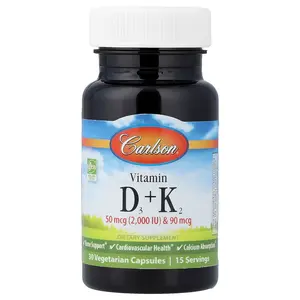 Carlson Vitamins D3 + K2, 30 Vegetarian Capsules