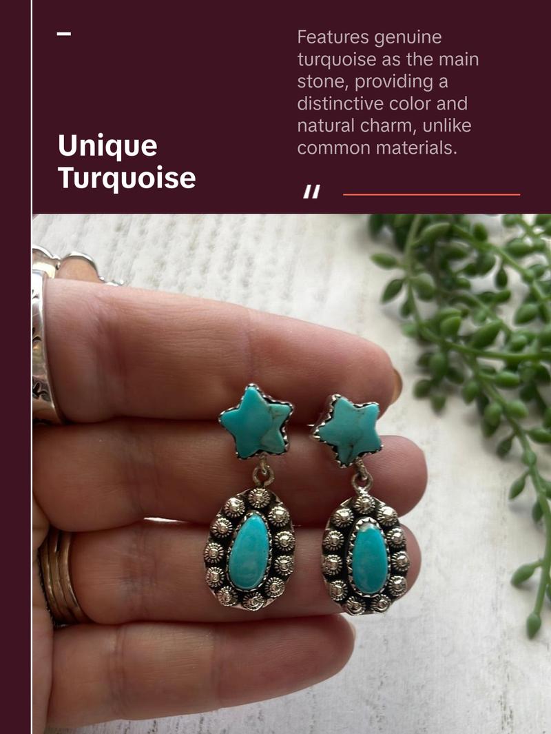 Handmade Star Sterling Silver & Turquoise Dangle Earrings Signed Nizhoni