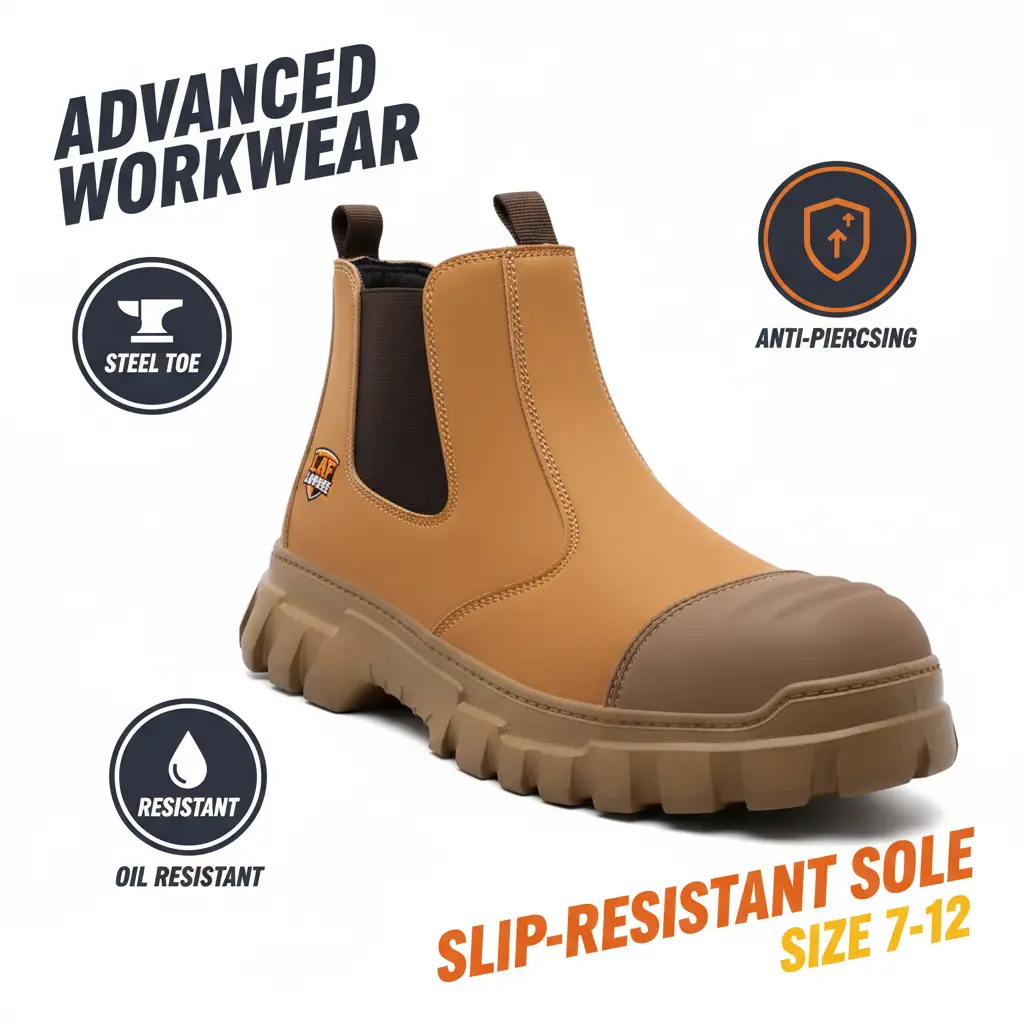 Lightweight Brown Industrial Safety Shoes, Steel Toe Work Sneakers, Non Slip Grip, Splash Proof Upper and Breathable Comfort for Mechanic, Garage and Repair Tasks