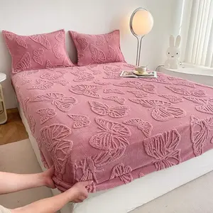 Elegant Butterfly Pattern Flannel Bed Sheet Set, Includes One Fitted Sheet and Two Pillowcases, Non-Slip Mattress Protector, Warm Soft, Bed Sheets Set