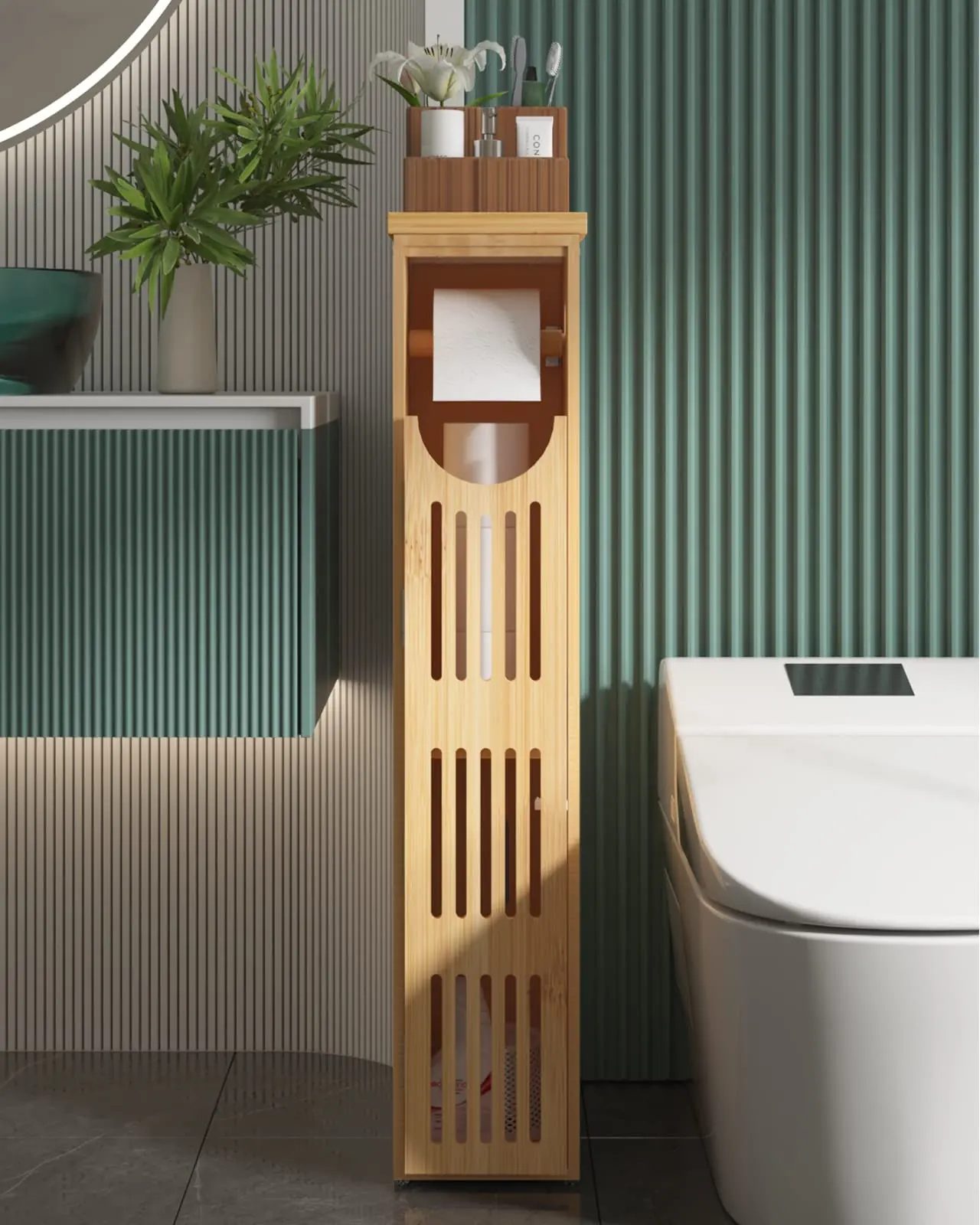 AmazerBath Toilet Paper Storage Cabinet Bamboo, Toilet Paper Holder with Storage for Small Spaces, Slim Bathroom Storage Cabinet, 33x7.3x6.5 Inches Organiser Racks