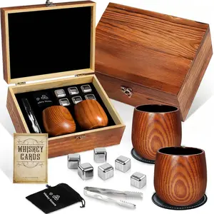 Charred Wood Bourbon Whiskey Glasses Set, Handmade Oak Wooden Whiskey Cups with Ice Stones and Gift Box, Classic Glass Whiskey Glasses for Men, Whiskey Tumbler, Whisky, Drinkware