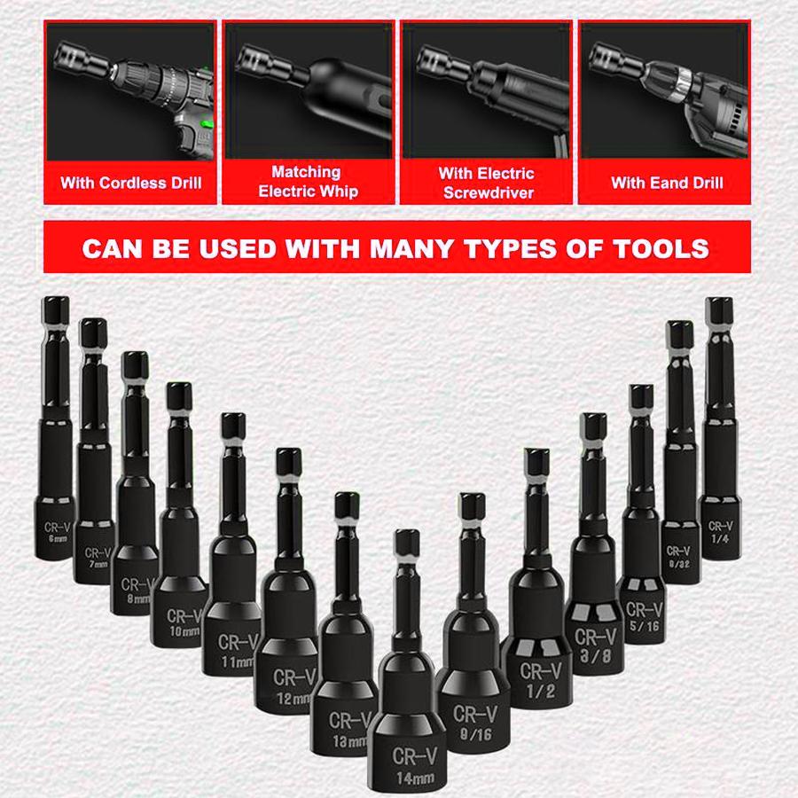 Magnetic Nut Driver Set 15-Piece, SAE (1/4" - 9/16") and Metric (6-14mm) Impact, Chrome Vanadium Steel 1/4" Hex Shank Magnetic Nut Driver Set Magnetic Nut Driver Set 15-Piece, SAE (1/4" - 9/16") and Metric (6-14mm) Impact, Chrome Vanadium Steel 1/4" Hex Shank Magnetic Nut Driver Set
