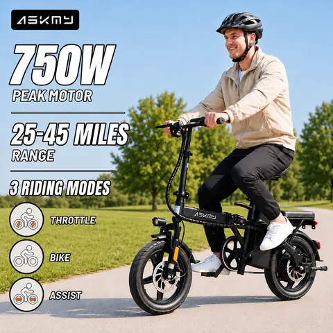 ASKMY E14 Lightweight Folding Electric Bicycle, 750W Peak Motor | Up to 45 Miles Range | 14" Tubeless Tires, Dual Brakes | UL Certified Battery for Urban Riding