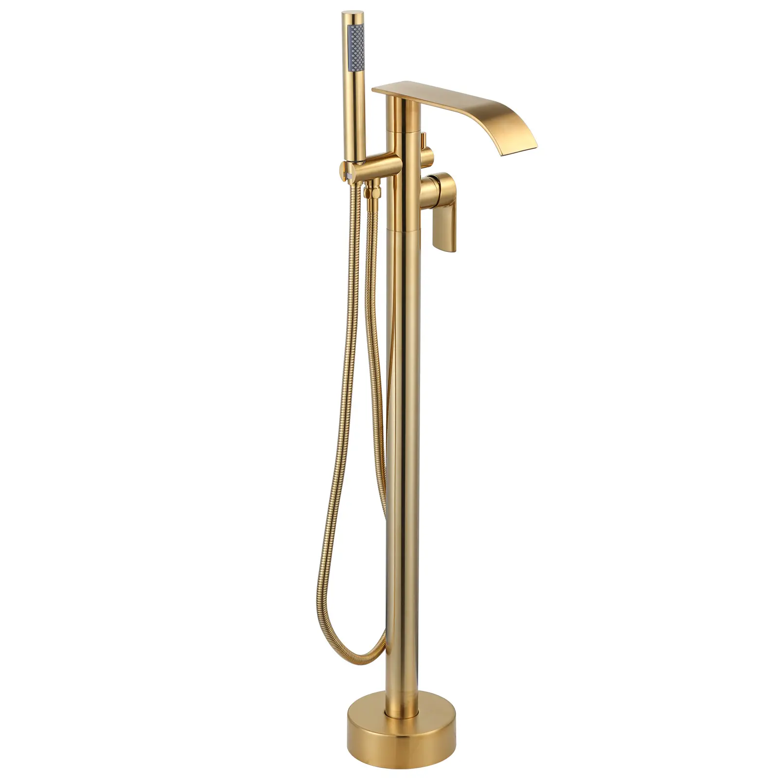 WOWOW Modern High Arc Waterfall Bathtub Faucet - Brushed Gold Single-Handle Freestanding Floor-Mount Tub Filler with Curved Spout and Handheld Shower, Waterfall Faucet, High Arc Faucet