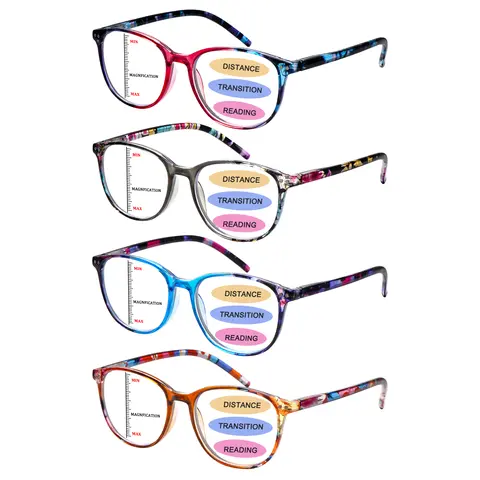 Women's 4-Pack Retro Classic Printed Rectangular Frame Progressive Multifocal Reading Glasses - Mix Color, Box Pack, Multiple Powers, Spring Hinge, Premium Blue Light Blocking Lenses, Durable - Ideal for Office/Commute Use, Uv, Friends, Plastic, Consult O