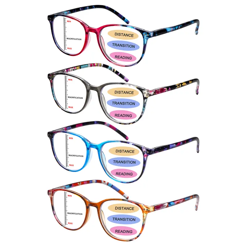 Women's 4-Pack Retro Classic Printed Rectangular Frame Progressive Multifocal Reading Glasses - Mix Color, Box Pack, Multiple Powers, Spring Hinge, Premium Blue Light Blocking Lenses, Durable - Ideal for Office/Commute Use, Uv, Friends, Plastic, Consult O