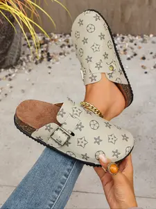 Women's Vintage Print Slip-On Slippers, PU Leather Upper, Rubber Sole, Lightweight Beach Sandals, Fashionable and Versatile Design