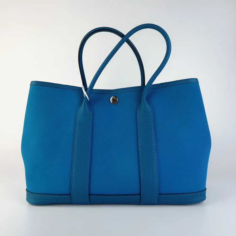 Pre-owned HERMÈS 760 Garden Party Tote Bag in Bleu Zanzibar Canvas & Leather