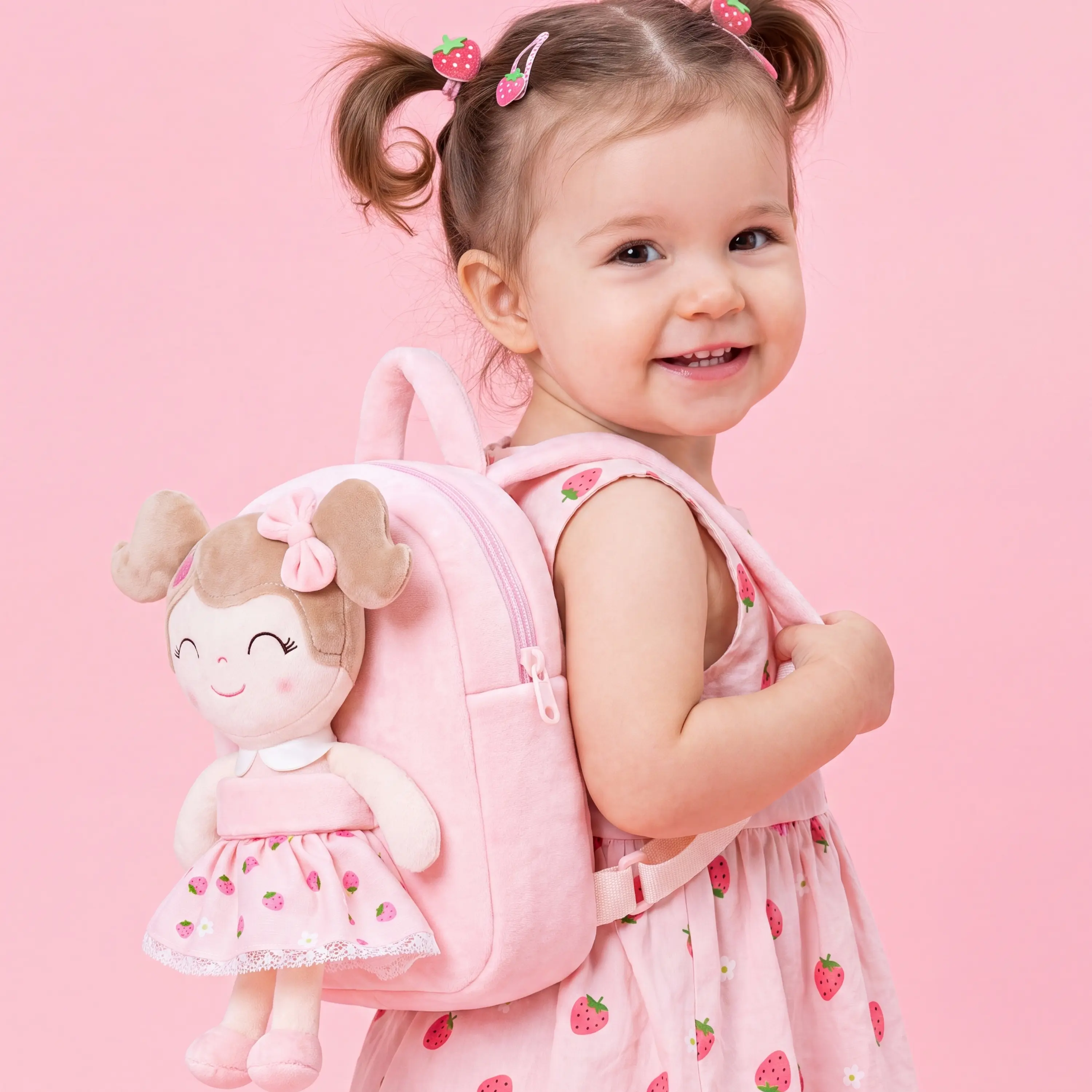 Back to School Toddler Backpack for Girls School Bag for Ages 1-4, Cute Daycare Bag with Detachable Plush Doll Kid Backpack Smiley Face Bag Costumes
