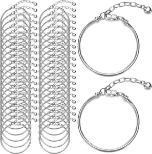 27 Pcs Snake Chain Charm Bracelets – Adjustable Copper Bracelet Blanks with Heart Extender for DIY Jewelry Making (Silver, 6.3")