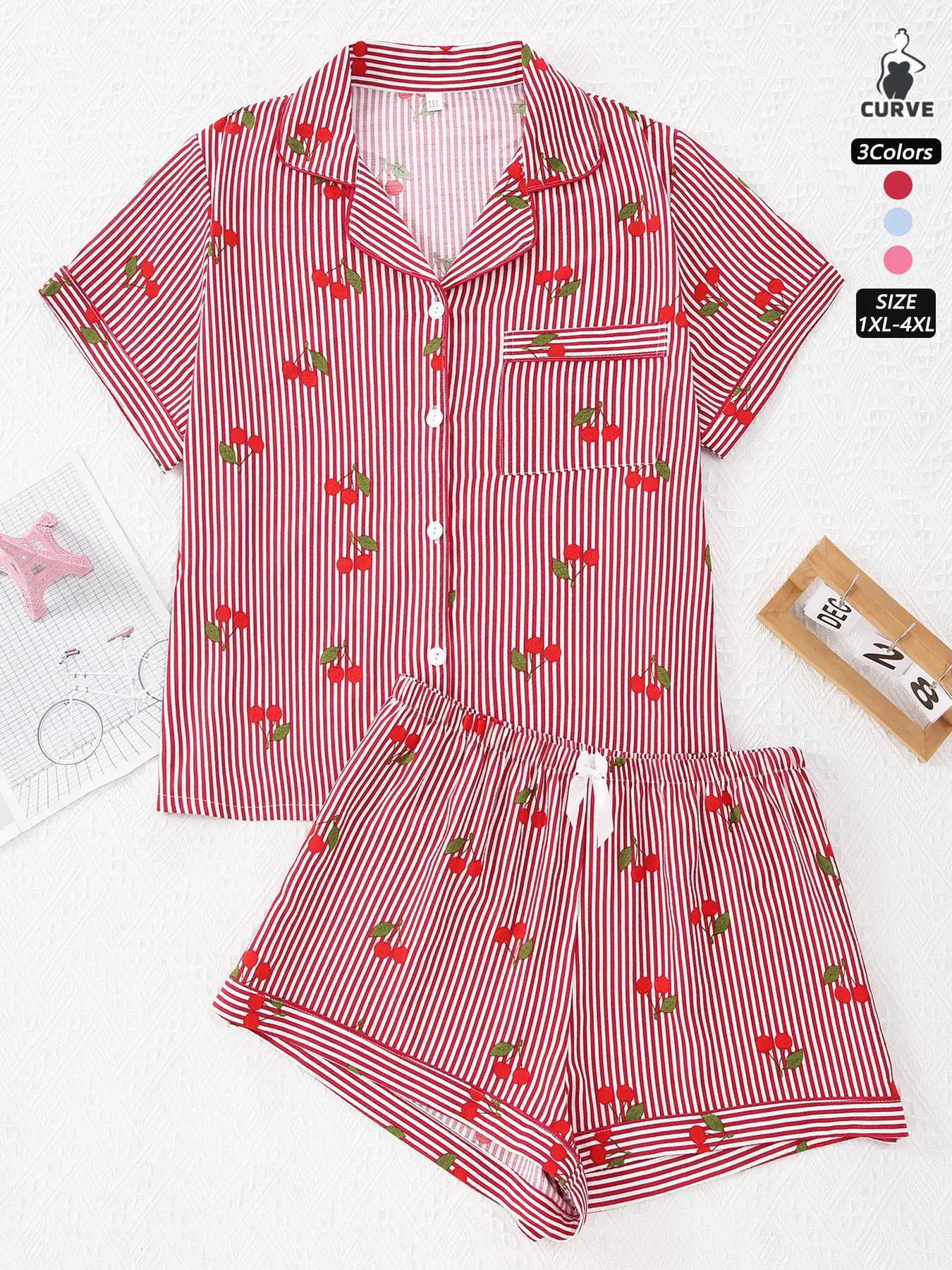 Women's Plus Size Chic Bubble Pleated Homewear Striped Cherry Print Short Sleeve Open Front Top and Shorts Pajama Set Loungewear