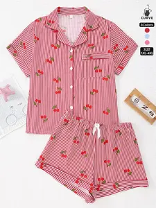 Women's Plus Size Bubble Pleated Homeewear Striped Cherry Print Short Sleeve Open Front Top and Shorts Sleepwear Set