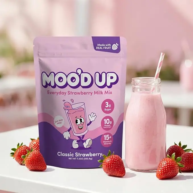 Moo’d Up Strawberry Milk Mix – Low Sugar, High Protein (10g) – Made with Real Strawberries, Dairy-Free, No Artificial Colors or Sweeteners – Healthy Strawberry Drink Powder, 15 Servings