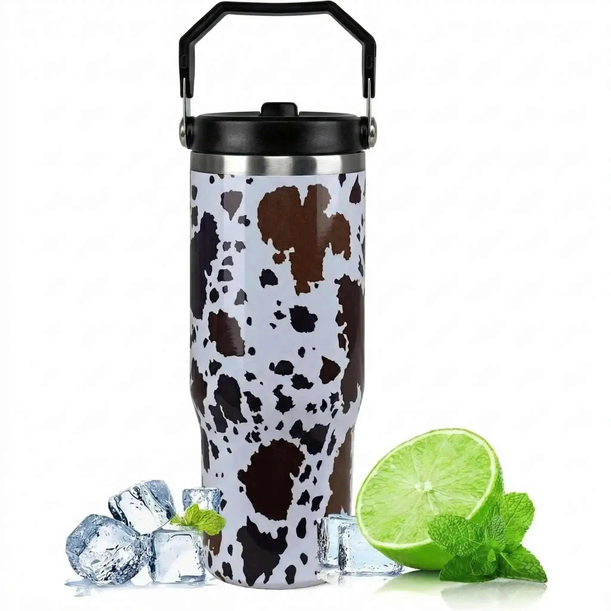 Cow Gifts for Women Cow Lover Gifts Cow Print Tumbler with Handle and Flip Straw Stainless Steel 30oz Cow Print Cup Cow Travel Coffee Mug Cold for 16 Hours,Cow Print Stuff Appreciation Gifts for Her,Cupholder Friendly Cow Gift