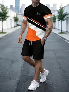 Men's Colorblock Rugby Print Casual Suit, Sporty Design, Breathable, Daily Fitness & Commute Wear, Training Tracksuit, Sport Clothing