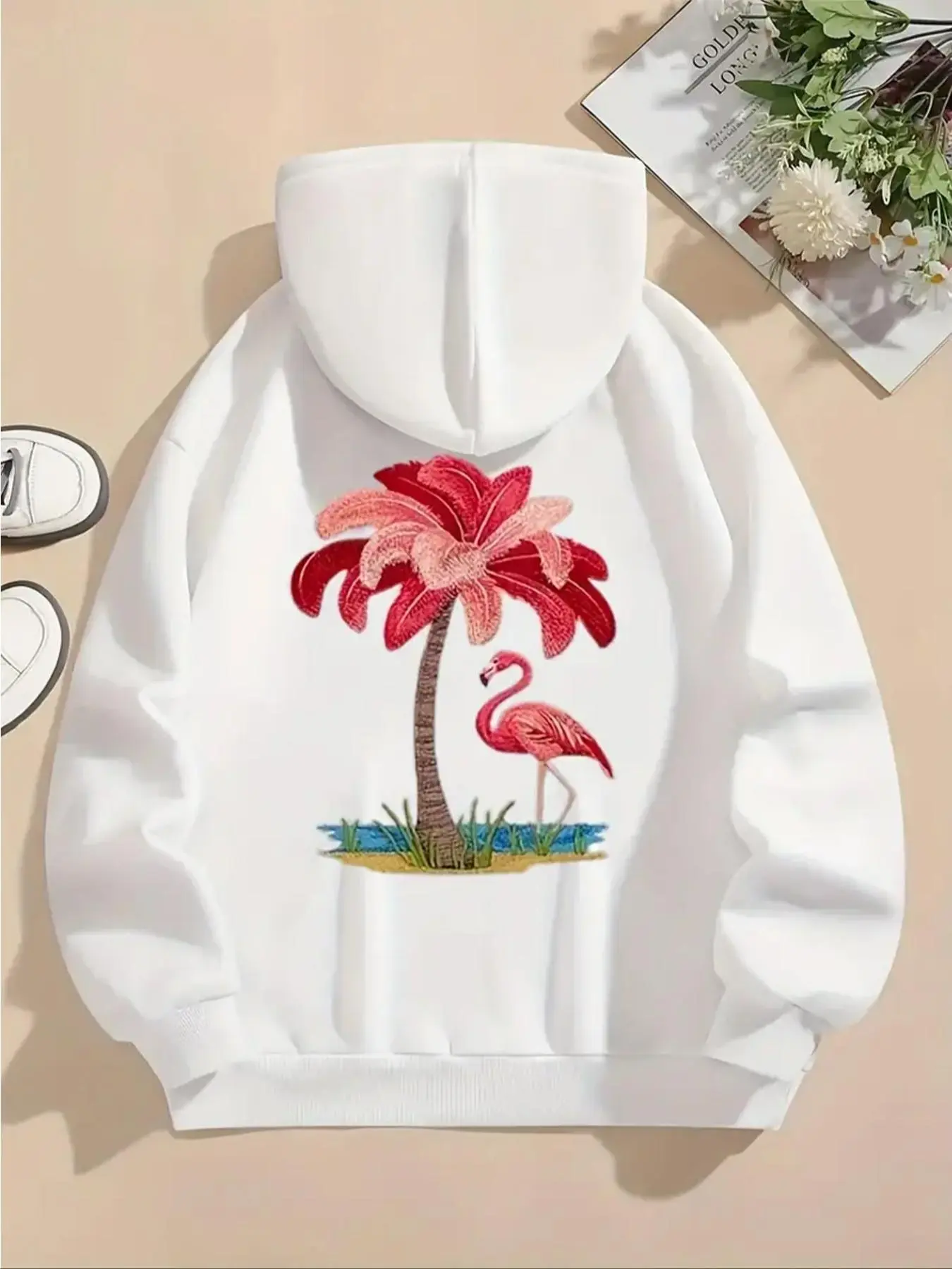 【Plus Size】Flamingo & Palm Tree Print Drop Shoulder Hoodie, Fashion Casual Drawstring Pocket Hooded Sweatshirt for Daily Holiday Outdoor Wear, Women Clothing for Fall & Winter