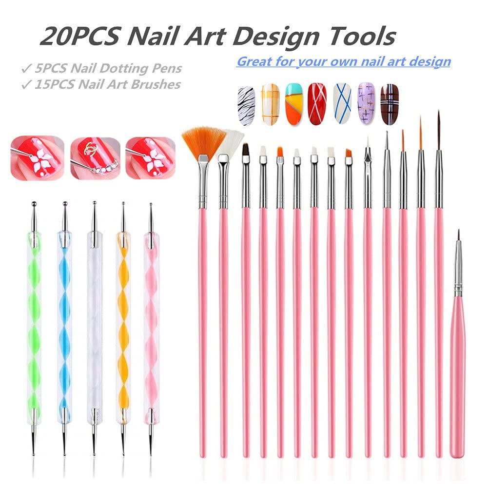 20PCS Nail Art Design Tools, 15PCS Painting Brushes Set with 5PCS Dotting Pens