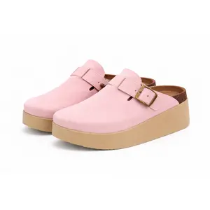 Womens Pink Suede Buckle Platform Clogs Slip-On Casual Mules