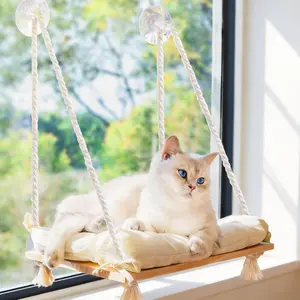 Cat Window Perch with Industrial-Grade Suction Cups - Solid Pine Wood Hammock Bed, Soft Cushion - 42 lb Capacity for Cats Inside