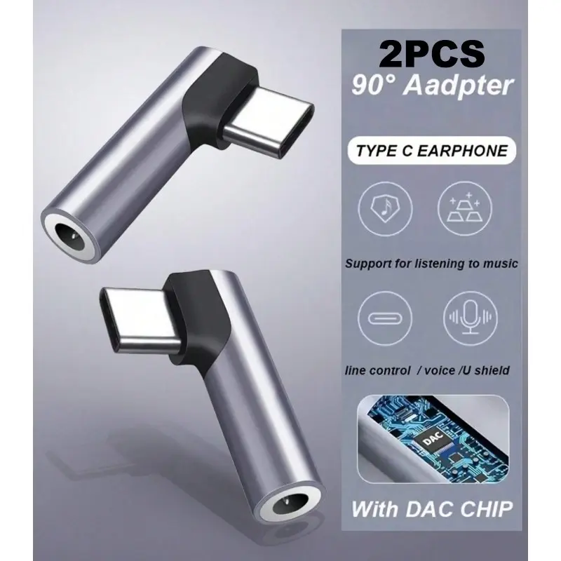 2-Pack USB-C to 3.5mm Audio Adapter, Right Angle USB-C Headphone Adapter, Type-C Male to Female 3.5mm Earphone Adapter for All Type-C Devices, USB Audio Interface