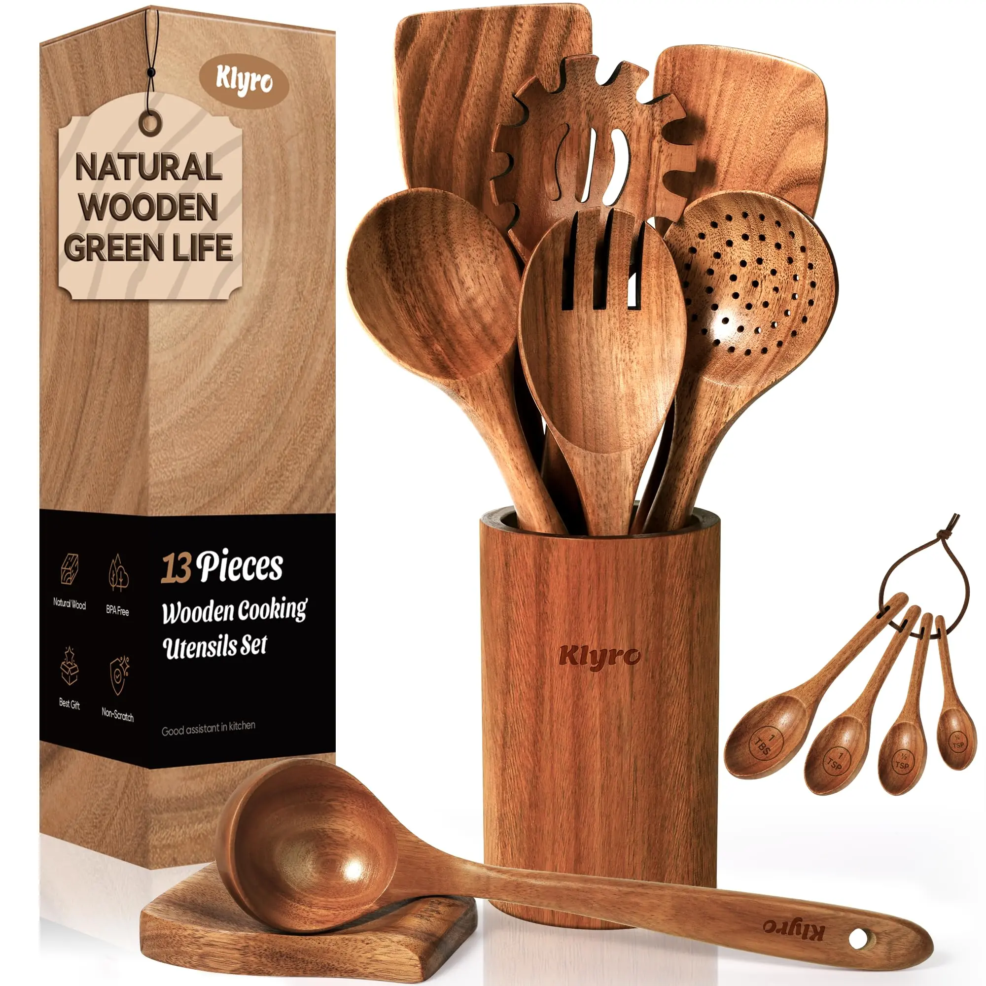 KLYRO Cooking Wooden Spoon Set,Premium Wooden Cooking Utensils Set, Wooden Spoons That Won't Scratch Cookware, Ideal for Cooking and Serving,Kitchen Essentials for New Home.