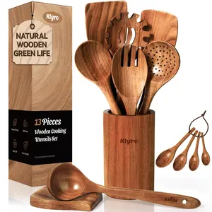 KLYRO Wooden Spoons for Cooking, Nonstick Kitchen Utensils Set with 4 Piece Measuring Spoons, Comfort Grip Wooden Spatula Set, 9 Piece Teak Wooden Cooking Utensils with Holder and Spoon Rest