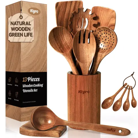 KLYRO Cooking Wooden Spoon Set,Premium Wooden Cooking Utensils Set, Wooden Spoons That Won't Scratch Cookware, Ideal for Cooking and Serving,Kitchen Essentials for New Home.