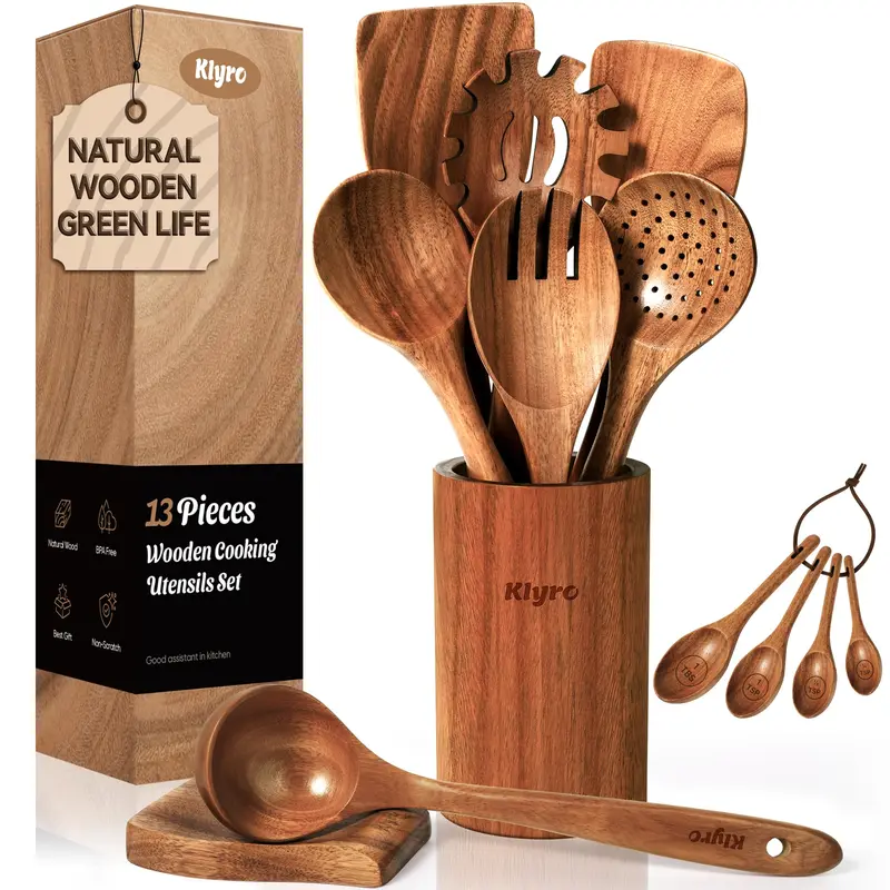 KLYRO Cooking Wooden Spoon Set,Premium Wooden Cooking Utensils Set, Wooden Spoons That Won't Scratch Cookware, Ideal for Cooking and Serving,Kitchen Essentials for New Home.