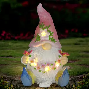 Gnome Statue, Resin Gnome Figurine Holding Butterfly with Solar LED Lights, Outdoor Statues Garden Decor for Patio Yard Lawn Porch, Gardening Gifts