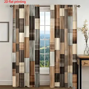 2-piece set of retro line wood grain pattern 2D digital printed curtains, with pole design for easy hanging, semi blackout polyester material, suitable for bedroom, living room, kitchen, study, dining room, and game room decoration
