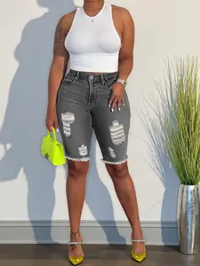 Damage Frayed Hem Denim Shorts Five-Point Pants Dark Gray with Distressed Style and Ripped Design