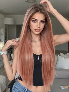 Topshe 13x6 Lace Front Wig, Medium Length Straight Hair, Root Color, Heat Resistant Fiber, Natural Look, Comfortable Breathable, Holiday Style