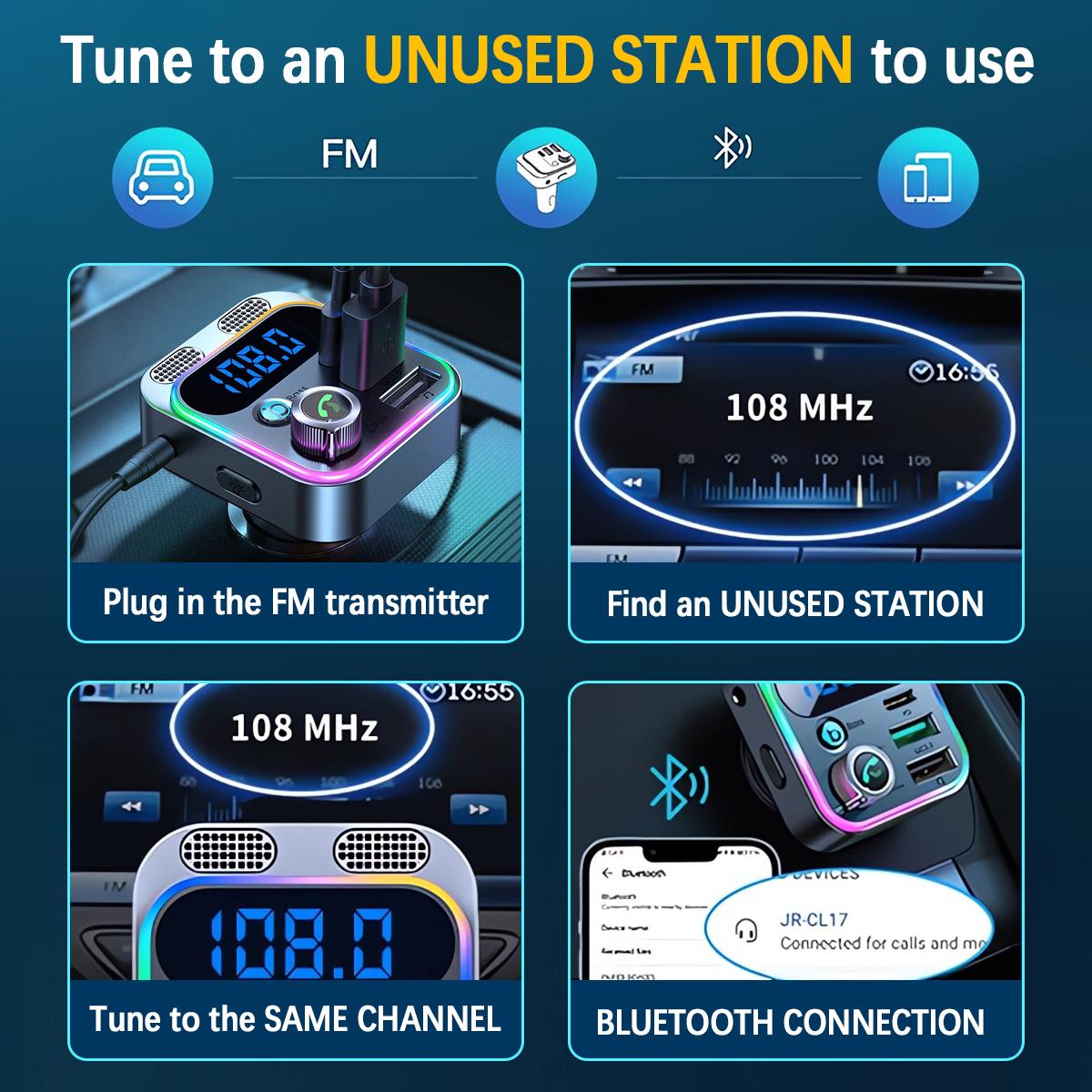 Multifunctional car FM transmitter with ambient light, BASS hands-free car MP3 player, wireless Bluetooth car charger with Type C and dual USB ports