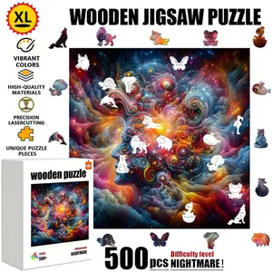 1 Box (500+ pieces) Wooden Puzzle with Unique Irregular Shapes, Seamless and Tight Interlocking. It is a great gift choice for Christmas, Halloween, or housewarming