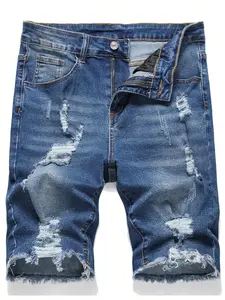 Men's Trendy Sexy Denim Shorts, Summer Slim Fit, Tight-Fitting Vintage Old Look Frayed Hem, Fashionable Casual Streetwear, Jean Menswear with Pocket, 1 Piece Pack