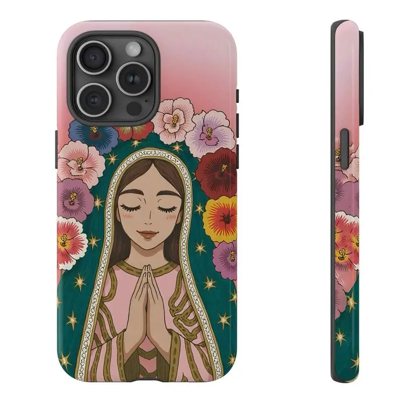 Pink Virgin Mary Floral TPU Shockproof Phone Case - Bible Verse Our Lady of Guadalupe Cover, Protective Mobile Accessory for iPhone 17,16,15,14,13,12,11 Pro Max Plus & Samsung Galaxy S23,S22 Devices
