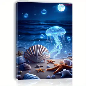 A Charming Sea Anemone and Shell Moonlight Canvas Art Print - 2D Flat Wooden Frame Wall Decoration, Ready to Hang, Suitable for Living Room, Bedroom, Kitchen - Romantic Beach Scene with Starfish and Coral Reef, Perfect Gift for Her or Him, Beach Theme Dec