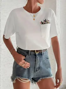 Women's Summer Fashion Comfortable Embroidered Patch Pocket Fitted T-Shirt, Stylish Casual Wear, Perfect for Daily