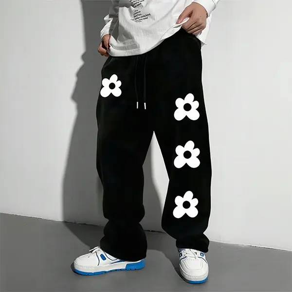 Men’s white floral print wide-leg sweatpants, drawstring elastic high-waist loose casual streetwear pants, soft breathable joggers with side pockets, suitable for everyday workouts and home wear.
