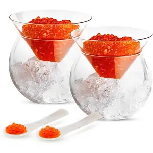 KooK Glass Caviar Chiller Server Set, with Mother of Pearl Spoons, Serving Dish with Ice Holder, for Shrimp, Appetizers, Liquor, Martinis and Cocktails, Dishwasher Safe, 5 oz Bowl, Set of 2