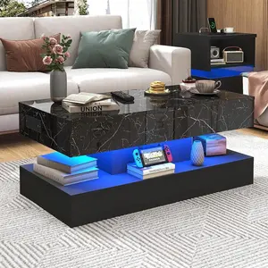 39.4"/47.2" Large Lift Top Coffee Table With Charging Station, LED Modern High Glossy Center Table With Hidden Compartment Storage, Lift Living Room Tables