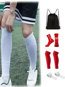 4 Piece Set Men Women Soccer Training Non Slip Soccer Socks Running Cycling Socks Teenagers Black Soccer Sports Bag Leg Sleeve Compression Socks Professional Training Adhesive Bandage Elastic Socks