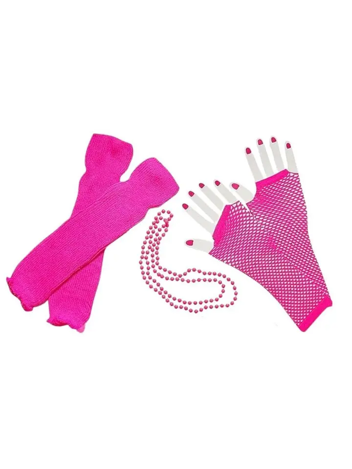 80s Costume Accessories Set in Neon Pink - Leg Warmers, Fishnet Gloves, Beads