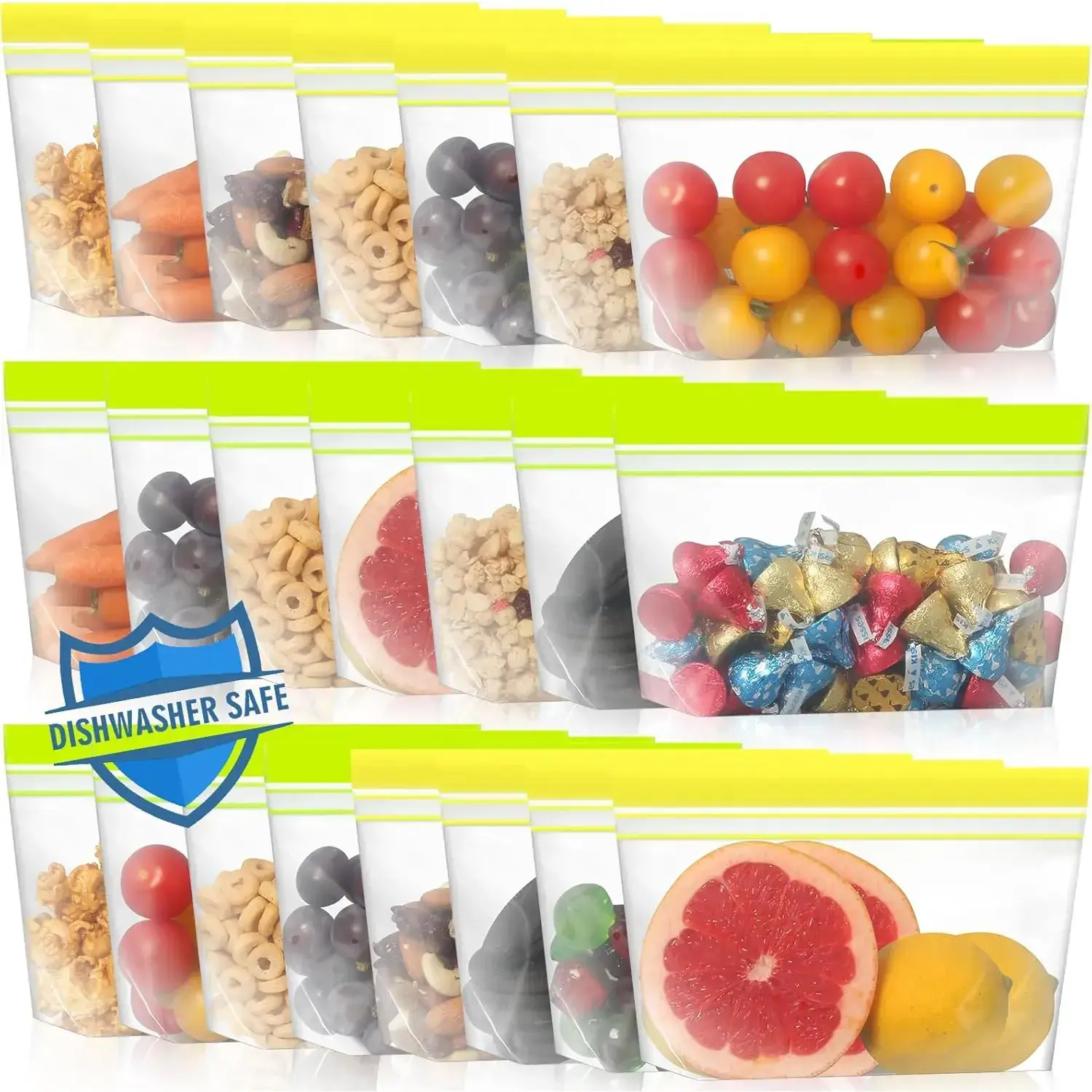 22 Pack Reusable Snack Bags Dishwasher Microwave Safe, Stand Up Reusable Food Storag Bags, BPA Free Leakproof Reusable Bags Snack Pouch for Candy, fruits, Cereal, Home Organization