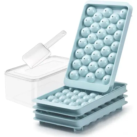 MIUVA Plastic 3-Pack Round Co-Polyester Ice Ball Maker Tray Set - 1.2'' Ice Balls, Lid, Scoop, Tong, 306 oz XXXL Freezer Storage Bin for Beverage Cocktail Chilling, Holiday Gift Set