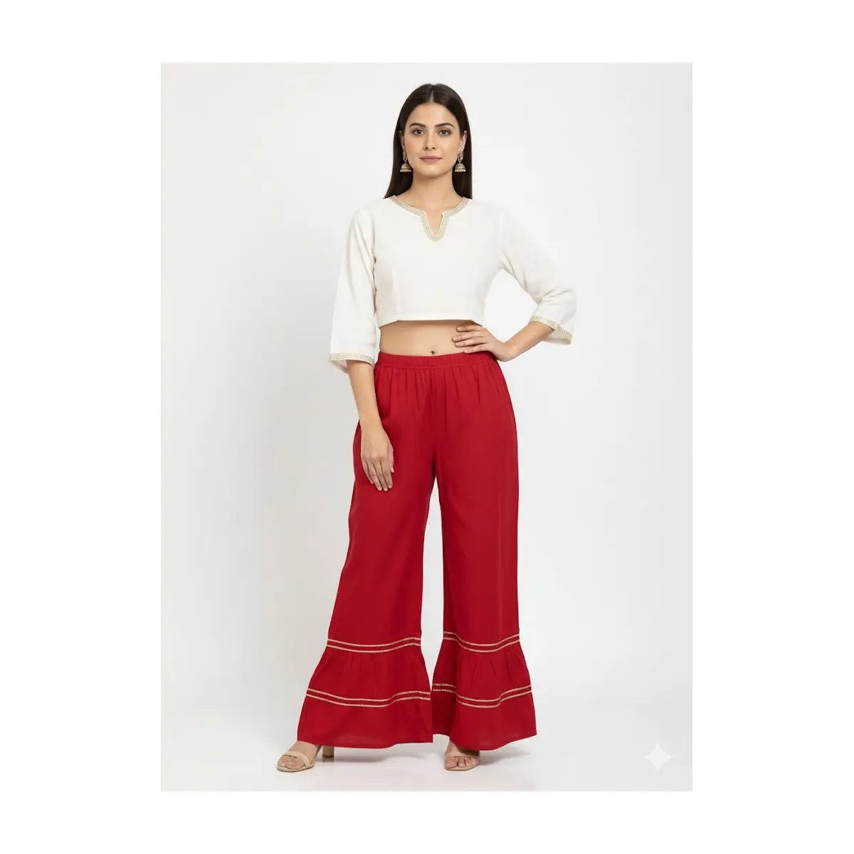 #Pl-10 Red Tiered cotton Palazzo/Sharara Pants with Gold Trim – Elastic Drawstring Waist